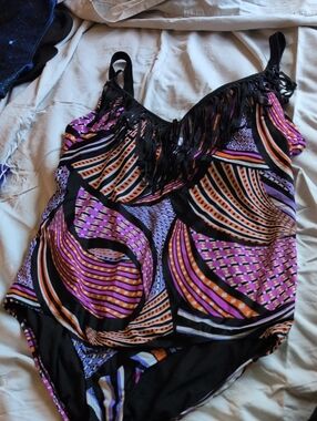 Swimsuits For All Fringe One-Piece Swimsuit - Purple & Orange & Black